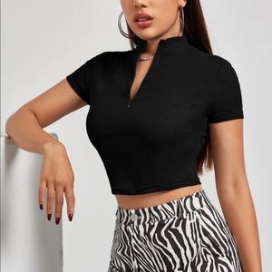 Shein Black Mock Neck Half Zip Ribbed Crop Top